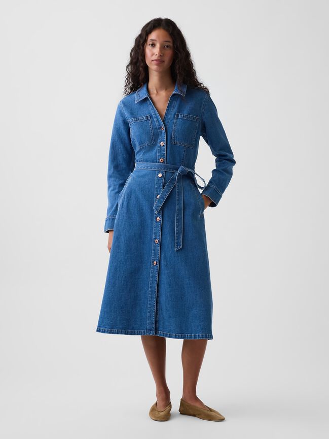 Denim Tie-Belt Midi Shirtdress gap denim tie belt midi shirtdress